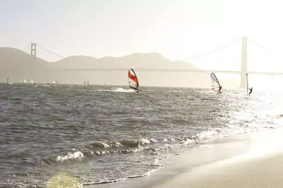 Windsurfers in the San Francisco Bay just off Crissy Field.